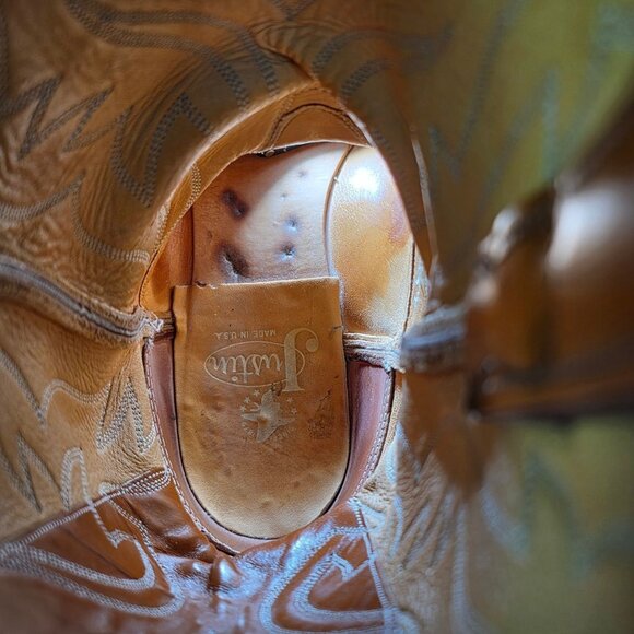 Vintage Justin Mens 10.5E Wide Pumpkin Orange Tan Leather Cowboy Western Boots - Picture 11 of 16